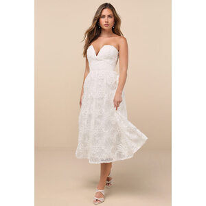 Lulus Galena Ivory Lace Applique Strapless Midi Dress White - Size L
